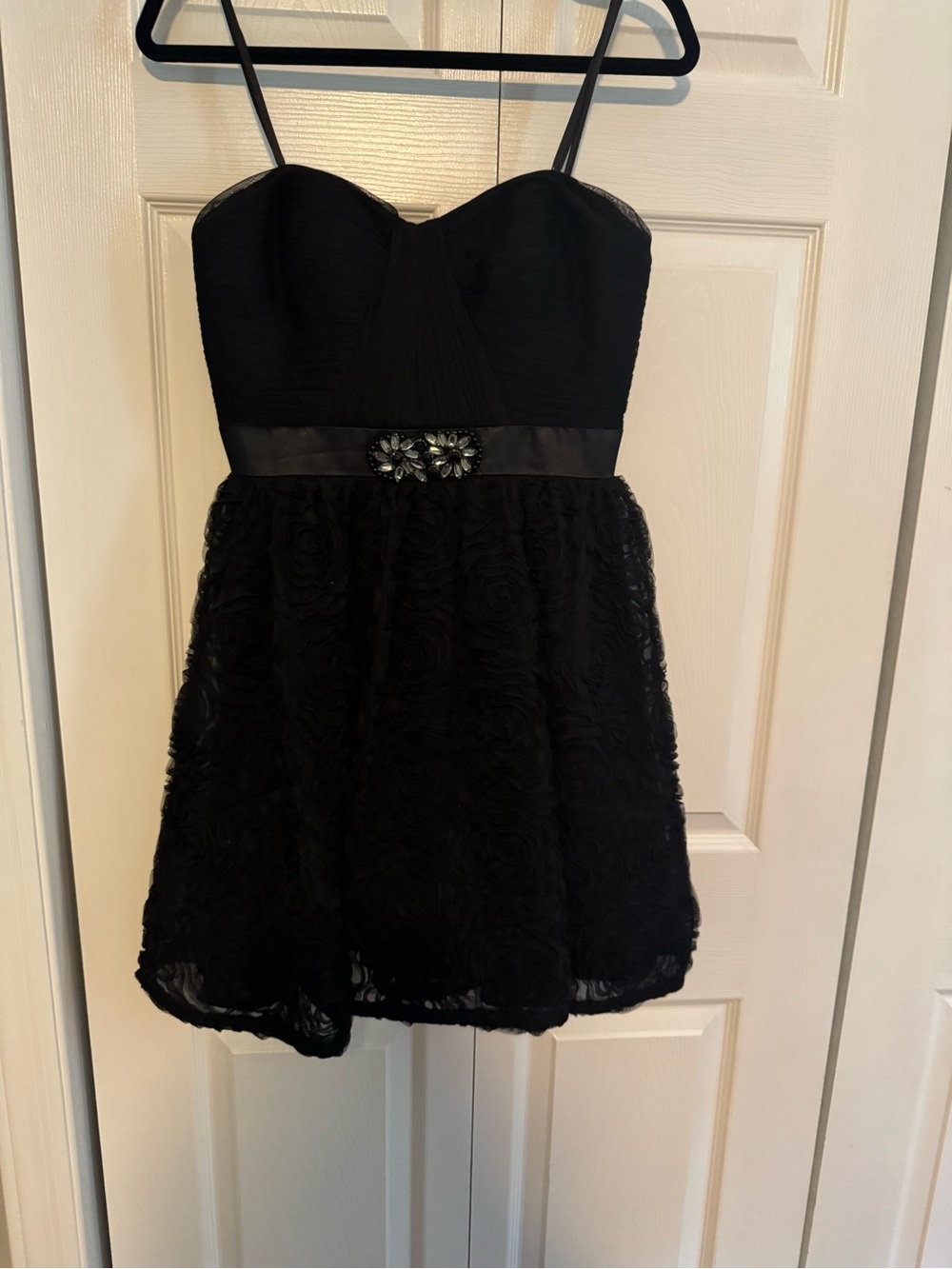 Adrianna Papell Black Spaghetti Strap Rosette Mini Dress with Jeweled Waist